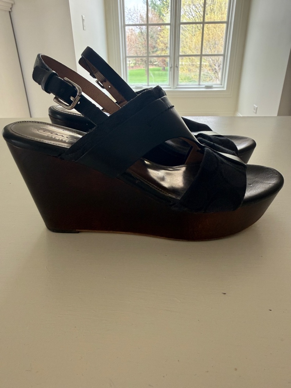 Coach Black Wedge Signature Slingback Sandals